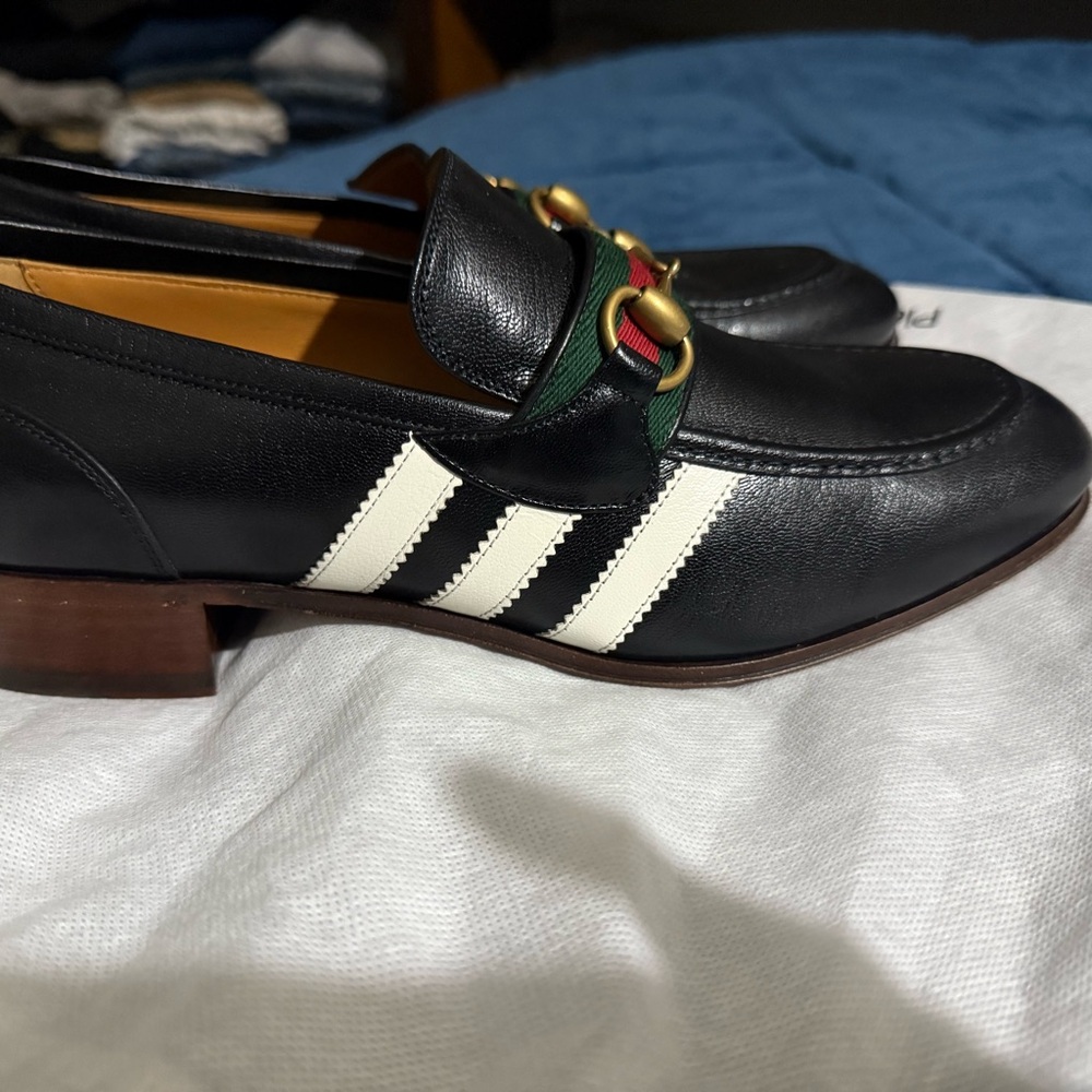 Gucci x Adidas Black Leather Loafers with White Stripes and Gold Detail